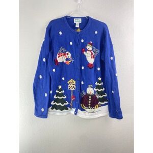 The Quacker Factory Cardigan Sweater Large Blue Snowman Ugly Christmas Tree‎